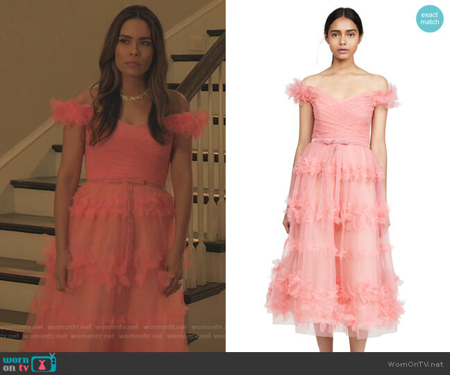 Marchesa Notte Off Shoulder Tea Length Gown worn by Cristal Jennings (Daniella Alonso) on Dynasty