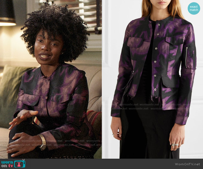 Marques Almeida Frayed printed brocade jacket worn by Briana Johnson (MaameYaa Boafo) on Bluff City Law