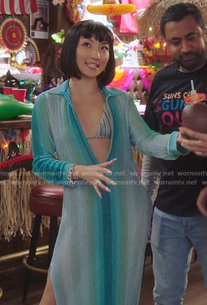 Mei’s green striped coverup on Sunnyside