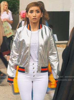 Izzy’s metallic bomber jacket on Dollface