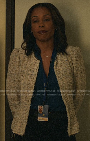 Mia’s tweed peplum jacket on The Morning Show