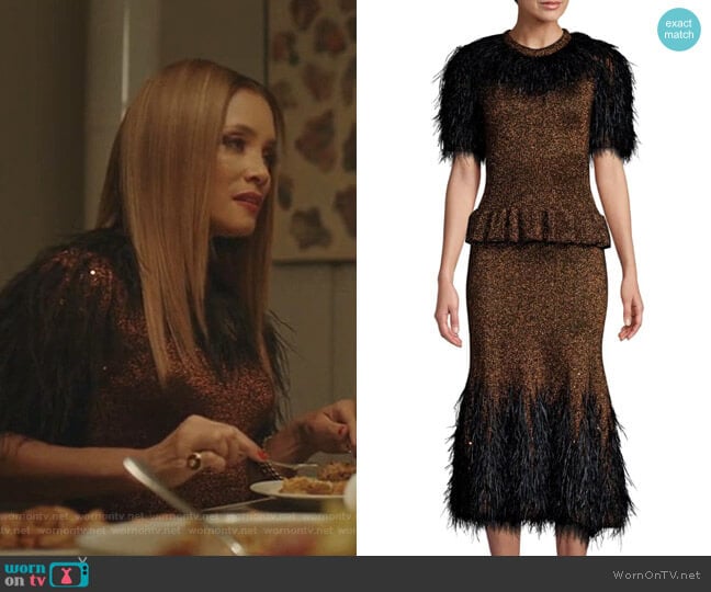 Michael Kors Collection Feather-Embellished Metallic Peplum Dress worn by Dominique Deveraux (Michael Michele) on Dynasty