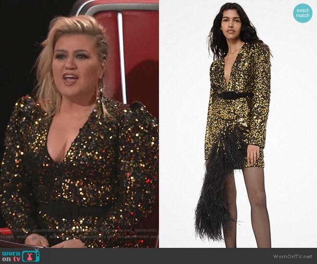 Michael Kors Sequined and Feather-Embroidered Asymmetric Dress worn by Kelly Clarkson on The Voice