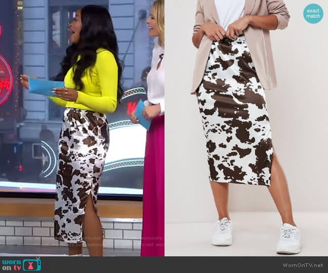 Missguided Cow Print Satin Slip Skirt worn by Keke Palmer on Good Morning America