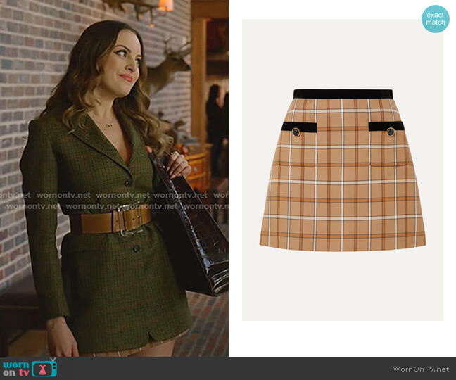 Miu Miu Velvet-Trimmed Checked Woven Mini Skirt worn by Fallon Carrington (Elizabeth Gillies) on Dynasty