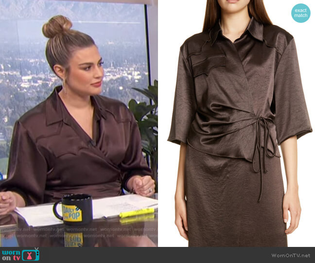 Nanushka Dalas Crinkled Satin Wrap Shirt worn by Carissa Loethen Culiner on E! News