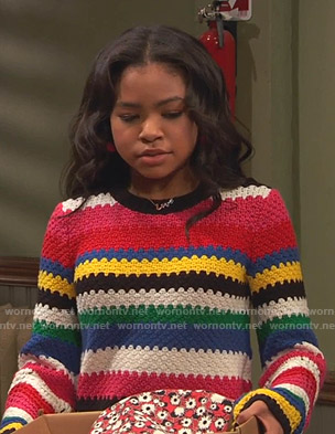 Nia’s multicolor striped crochet sweater on Ravens Home