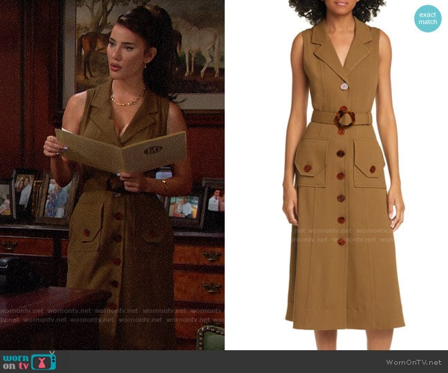 Nicholas Belted Button Up Silk Twill Midi Dress worn by Steffy Forrester (Jacqueline MacInnes Wood) on The Bold and the Beautiful