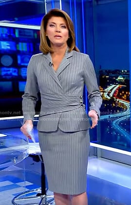 Norah’s grey pinstripe blazer and skirt on CBS Evening News