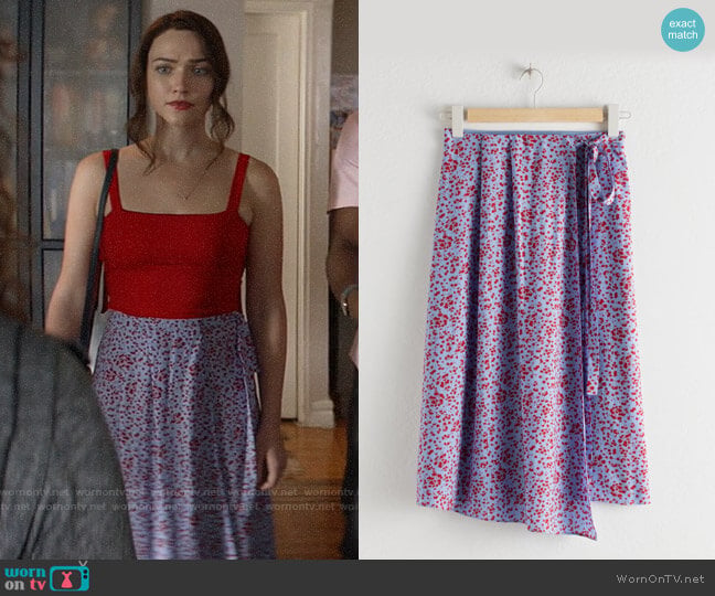 & Other Stories Satin Tie Midi Wrap Skirt in Floral worn by Cara Bloom (Violett Beane) on God Friended Me