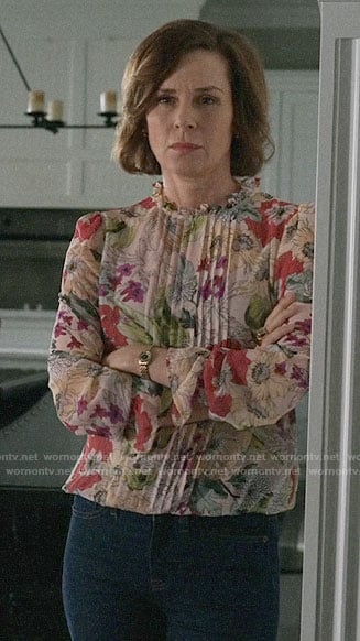 Paige’s floral pleated top on The Morning Show