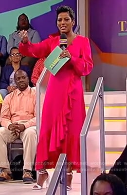 Tamron’s pink ruffle wrap dress on Tamron Hall Show