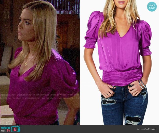 Ramy Brook Flora Satin Puff-Sleeve V-Neck Top worn by Shauna Fulton (Denise Richards) on The Bold and the Beautiful