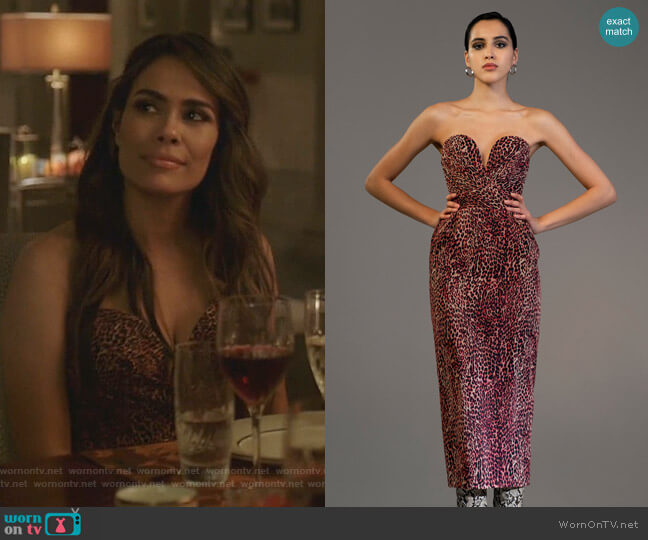 Rasario Leopard-Print Chiffon Midi Dress worn by Cristal Jennings (Daniella Alonso) on Dynasty