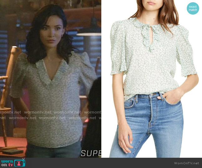 Rebecca Taylor Ikat Leaf Ruffle Top worn by Bess (Maddison Jaizani) on Nancy Drew
