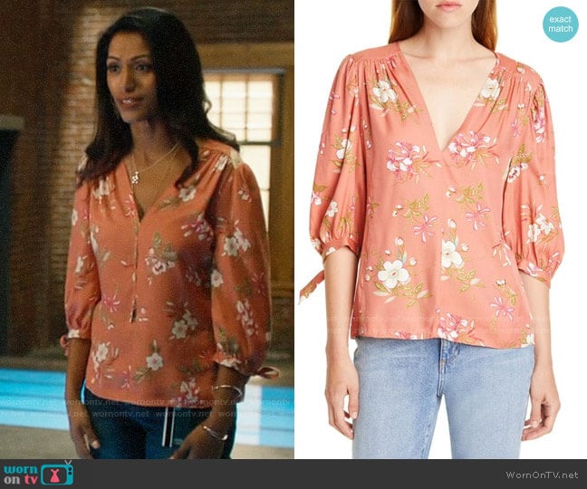 Rebecca Taylor Lita Floral Tie Sleeve Silk Blend Blouse