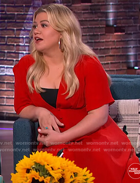 Kelly’s red v-neck button down dress on The Kelly Clarkson Show