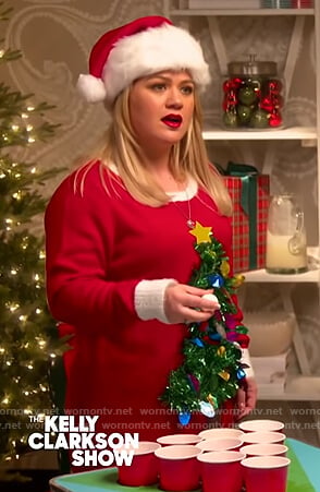 Kelly’s red christmas embellished tunic on The Kelly Clarkson Show