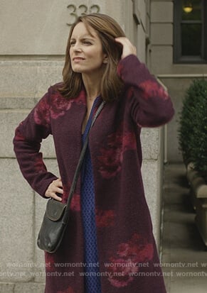 Sarah’s red floral wool cardigan on Modern Love