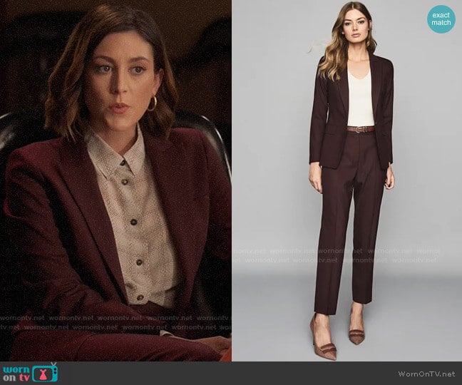 Reiss Lissia Blazer in Berry worn by Sydney Strait (Caitlin McGee) on Bluff City Law