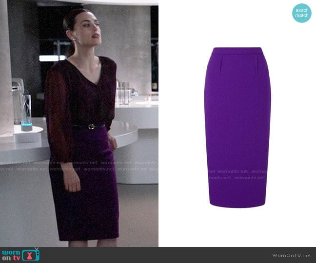 Roland Mouret Arreton Skirt in Royal Purple worn by Lena Luthor (Katie McGrath) on Supergirl