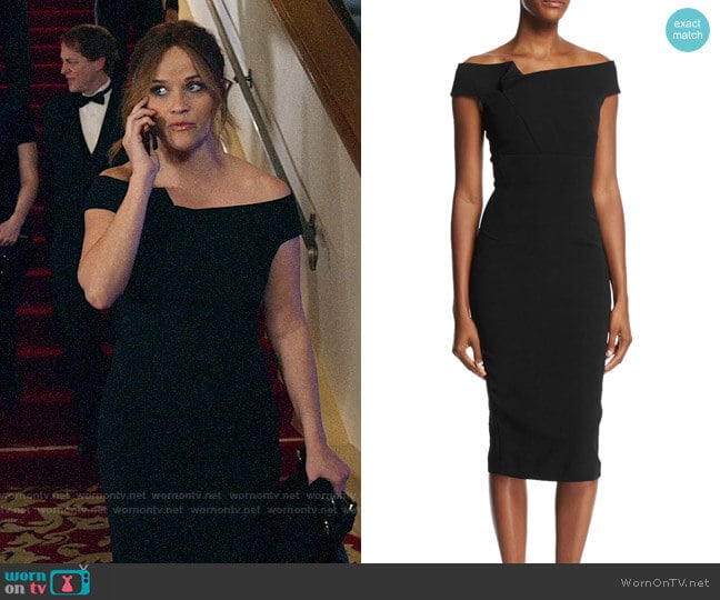 Roland Mouret Off-the-Shoulder Sheath Dress worn by Bradley Jackson (Reese Witherspoon) on The Morning Show