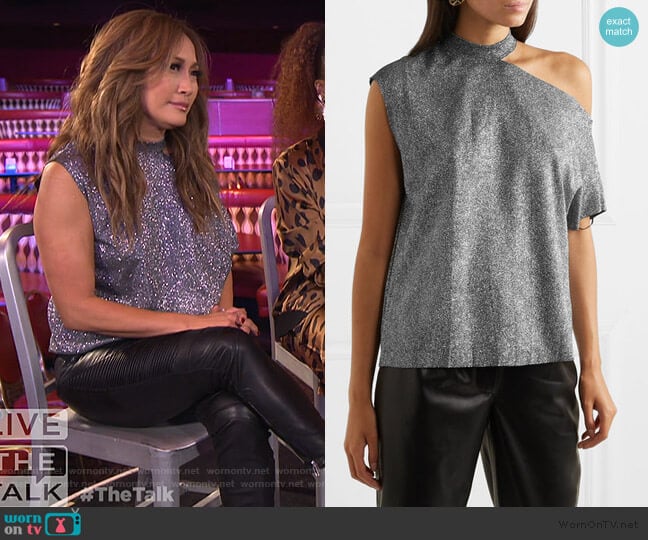 RTA Axel one-shoulder cutout metallic jersey top worn by Carrie Inaba on The Talk