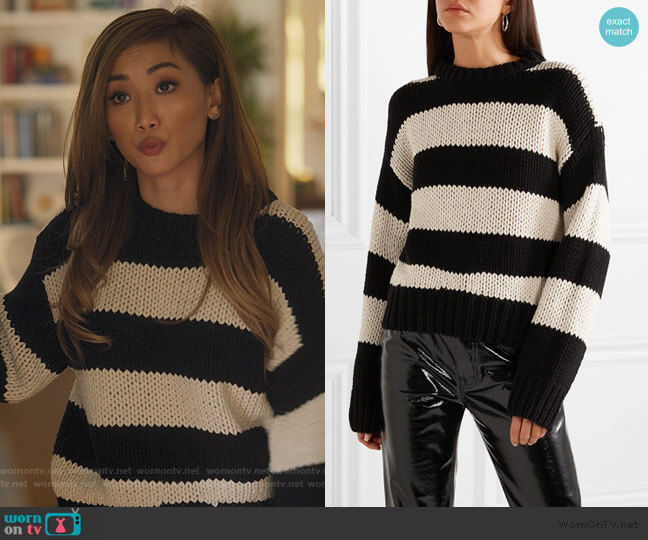 RTA Griffith oversized striped cotton-blend sweater worn by Madison Maxwell (Brenda Song) on Dollface