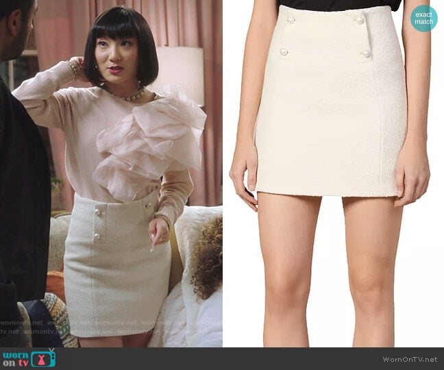 Sandro Dayna Button-Front Tweed Mini Skirt worn by Mei Lin (Poppy Liu) on Sunnyside