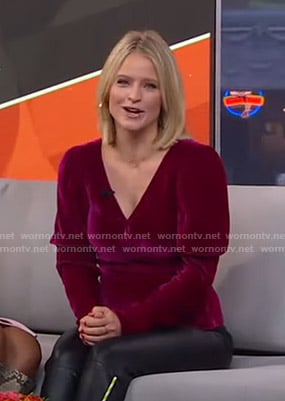 Sara’s burgundy velvet puff sleeve top on GMA Strahan Sara And Keke