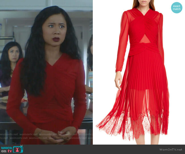 Self Portrait Pleated Chiffon & Lace Long Sleeve Midi Dress worn by George Fan (Leah Lewis) on Nancy Drew