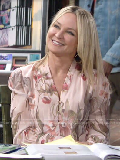 Sharon’s blush floral v-neck blouse on The Young and the Restless