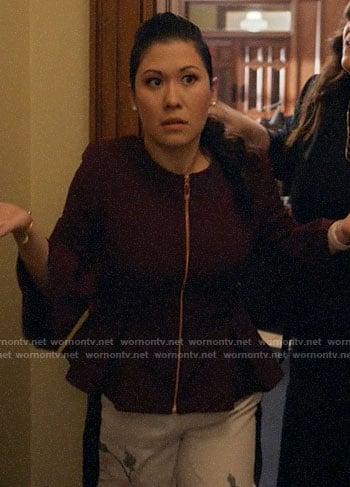 Sherri’s burgundy peplum jacket and floral pants on All Rise