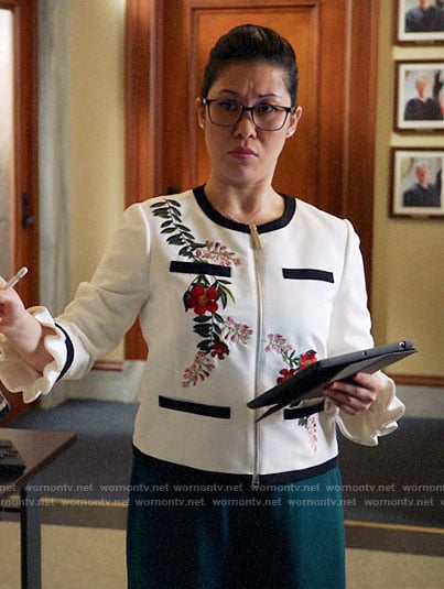 Sherri’s white floral embroidered jacket on All Rise