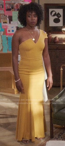 Simone’s yellow one-shoulder gown on The Good Place