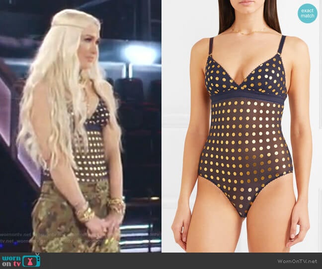 Stella McCartney Florence Fluttering Metallic Polka-Dot Mesh Bodysuit worn by Gwen Stefani on The Voice