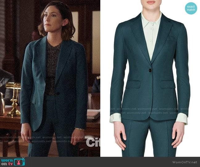 Suistudio Cameron Wool Suit Jacket in Teal worn by Sydney Strait (Caitlin McGee) on Bluff City Law
