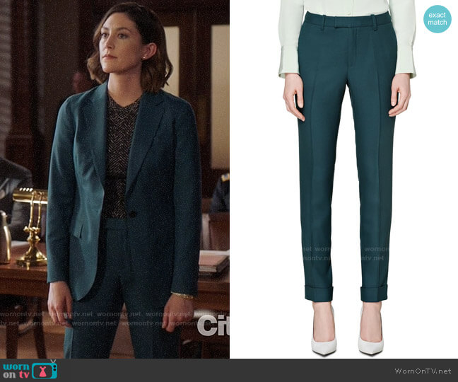 Suistudio Robin Cuff High Waist Wool Pants in Teal worn by Sydney Strait (Caitlin McGee) on Bluff City Law