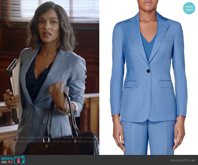 Suistudio Cameron Wool Suit Jacket in Light Blue worn by Edie Palmer (Megalyn Echikunwoke) on Almost Family