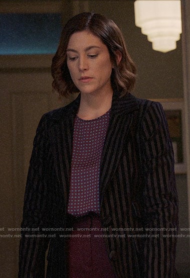 Sydney’s striped blazer and printed blouse on Bluff City Law