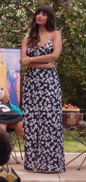 Tahani’s navy floral maxi dress on The Good Place