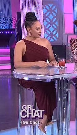 Tamera’s burgundy one-shoulder ruched dress on The Real