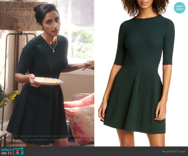 Ted Baker Renyina Tipped Sweater Skater Dress worn by Mallory Modi (Kiran Deol) on Sunnyside