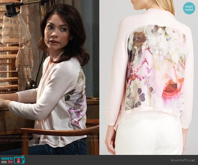 Ted Baker Atalaya Pure Peony Printed Cardigan worn by Elizabeth Webber (Rebecca Herbst) on General Hospital