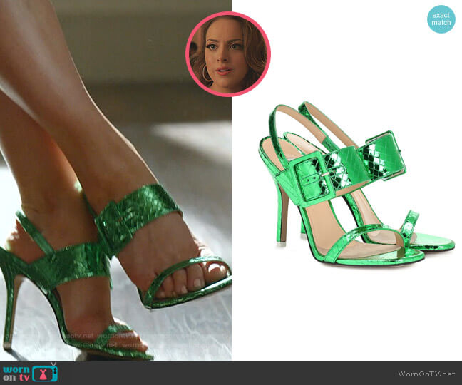 The Attico Embossed Metallic Leather Sandals worn by Fallon Carrington (Elizabeth Gillies) on Dynasty