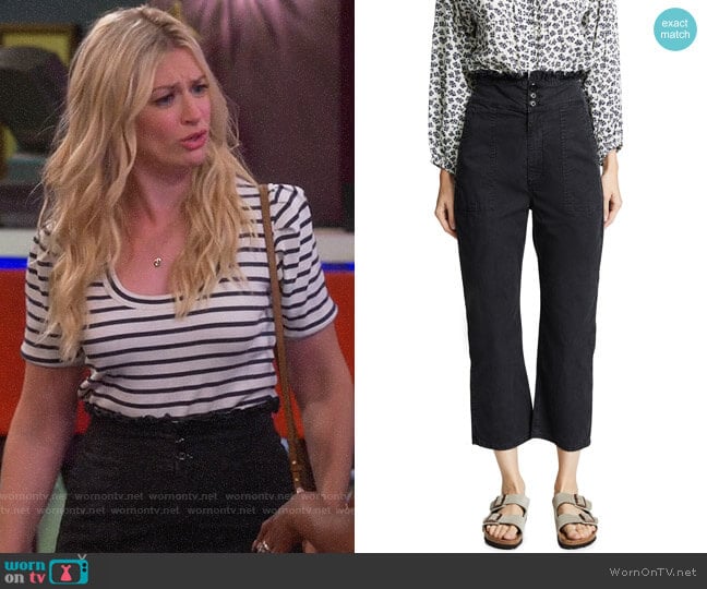 The Great The High Rise Ruffle Army Pants worn by Gemma (Beth Behrs) on The Neighborhood