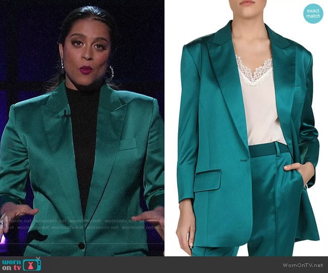 The Kooples Satin Blazer in Green worn by Lilly Singh on A Little Late with Lilly Singh