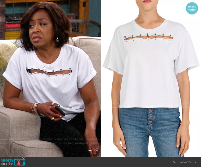 The Kooples Cutout Pin-Detail Tee worn by Tina Butler (Tichina Arnold) on The Neighborhood