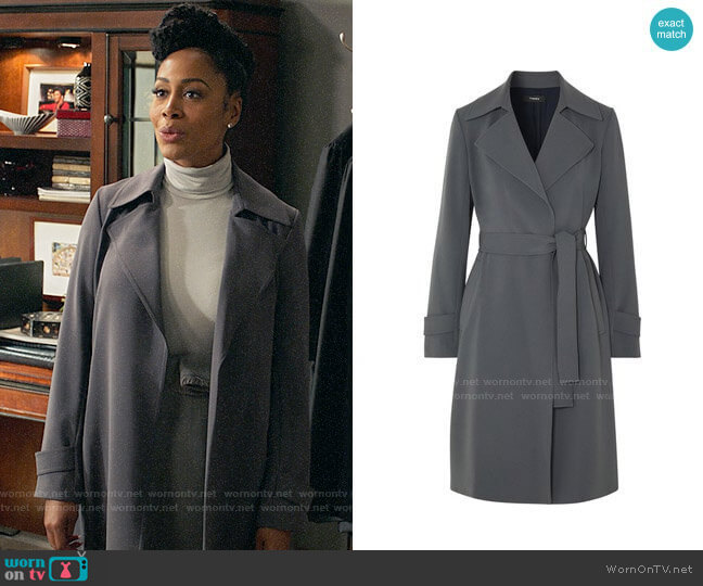 Theory Oaklane Trench Coat in Deep Slate worn by Lola Carmichael (Simone Missick) on All Rise