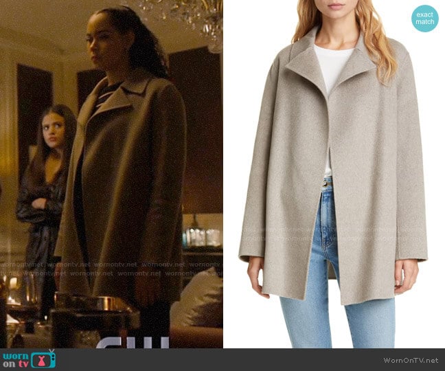 Theory Wool & Cashmere Overlay Coat in Taupe Grey worn by Macy Vaughn (Madeleine Mantock) on Charmed
